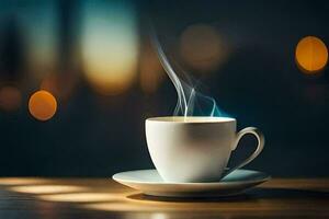 a cup of coffee on a table with a blurred background. AI-Generated photo