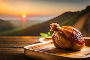 chicken on a wooden tray with a sunset in the background. AI-Generated photo