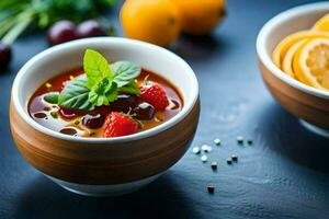 two bowls of soup with fruit and herbs. AI-Generated photo