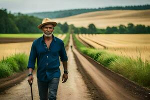a man walking down a dirt road with a cane. AI-Generated photo