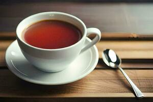 a cup of tea on a wooden table. AI-Generated photo