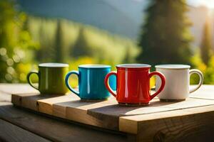 colorful mugs on a wooden table in front of mountains. AI-Generated photo