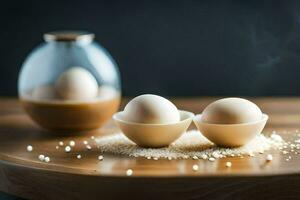 two eggs in white bowls on a table. AI-Generated photo