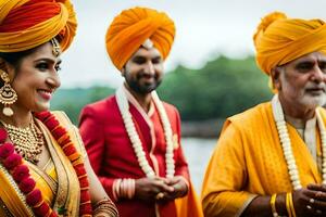 a bride and groom in traditional indian attire. AI-Generated photo