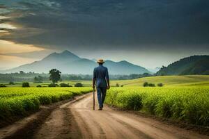 a man walks down a dirt road in a rice field. AI-Generated photo