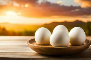 five eggs in a bowl on a table with a sunset in the background. AI-Generated photo