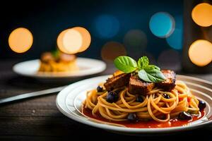 spaghetti with meat and sauce on a plate. AI-Generated photo