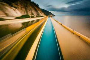 a long exposure photograph of a train going down a track. AI-Generated photo