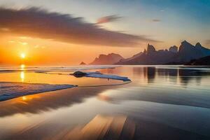 puesta de sol terminado el Oceano con montañas en el antecedentes. generado por ai foto