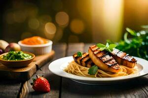 grilled chicken with pasta and sauce on a plate. AI-Generated photo