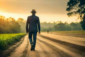 a man in a suit and hat walking down a dirt road. AI-Generated photo