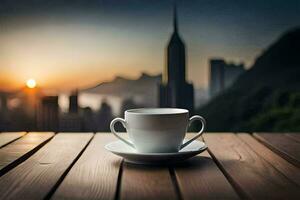 coffee cup on the table with city in the background. AI-Generated photo