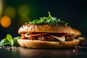 un hamburguesa con queso y carne en un oscuro antecedentes. generado por ai foto