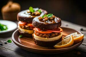 two sandwiches on a plate with a slice of lemon. AI-Generated photo