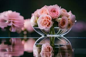 pink roses in a glass vase on a table. AI-Generated photo