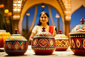 a woman in an indian sari is standing in front of colorful pots. AI-Generated photo