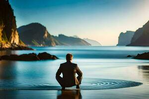 a man in a suit sits on the beach in front of a mountain. AI-Generated photo