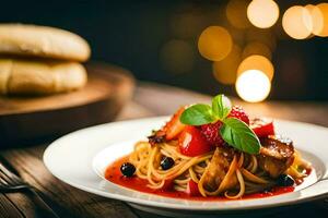 a plate of spaghetti with meat and berries on a wooden table. AI-Generated photo