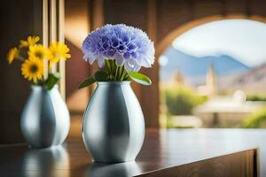 two vases with flowers on a table. AI-Generated photo