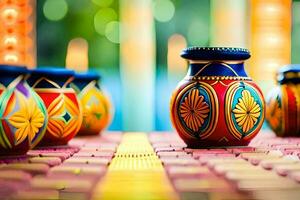 colorful vases on a table with candles. AI-Generated photo