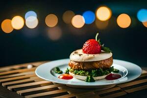 a plate with a strawberry and a mushroom on it. AI-Generated photo