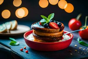 a stack of pancakes with berries and mint leaves. AI-Generated photo