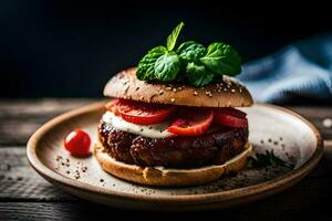 a hamburger with tomatoes and cheese on a plate. AI-Generated photo