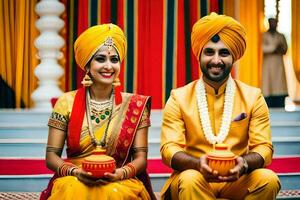 a couple in yellow turbans sitting on a red carpet. AI-Generated photo