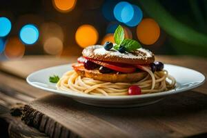 a plate of pasta with tomatoes and berries on a wooden table. AI-Generated photo