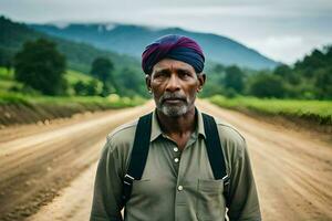 a man with a turban standing on a dirt road. AI-Generated photo