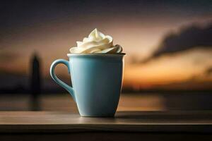 a cup of coffee with whipped cream on a table in front of the sunset. AI-Generated photo