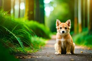 un perrito sentado en el la carretera en el bosque. generado por ai foto