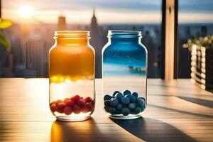 two jars with colorful balls in them on a table. AI-Generated photo