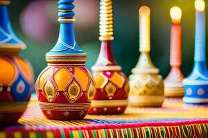 vistoso floreros con velas en un mesa. generado por ai foto