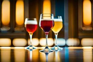 three glasses of wine on a table with a blurry background. AI-Generated photo