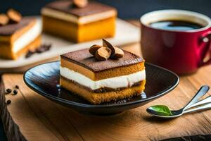 a slice of pumpkin cake with coffee on a wooden table. AI-Generated photo