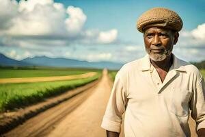 a man standing in a field with a road in the background. AI-Generated photo