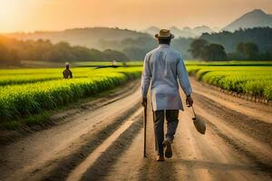 un hombre caminando abajo un suciedad la carretera en un arroz campo. generado por ai foto