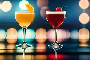 two glasses of cocktails with colorful drinks on a table. AI-Generated photo