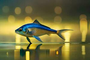 a fish is standing on the water with a bokeh background. AI-Generated photo