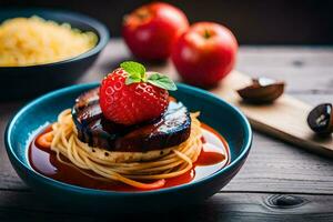 a plate of spaghetti with meat and strawberries. AI-Generated photo