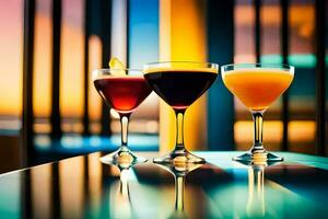 three glasses of cocktails on a table with a sunset in the background. AI-Generated photo