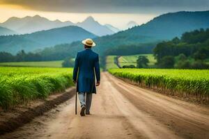 a man in a blue suit walks down a dirt road in front of a field. AI-Generated photo