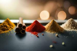 various spices and spices on a table. AI-Generated photo