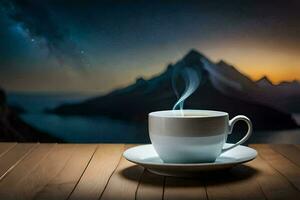 a cup of coffee on a wooden table with a mountain in the background. AI-Generated photo