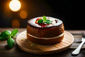 a cake on a wooden plate with fork and knife. AI-Generated photo