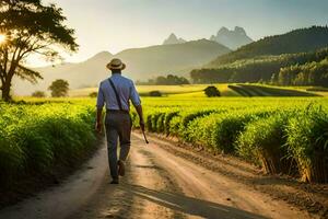 a man walking down a dirt road in a field. AI-Generated photo