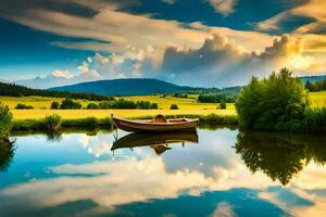 el barco en el lago fondo de pantalla. generado por ai foto