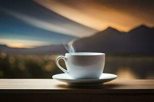 a cup of coffee on a wooden table with a view of mountains. AI-Generated photo