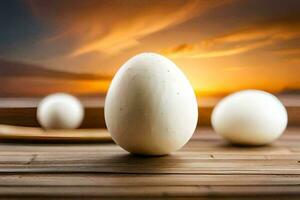 three eggs on a wooden table with a sunset in the background. AI-Generated photo